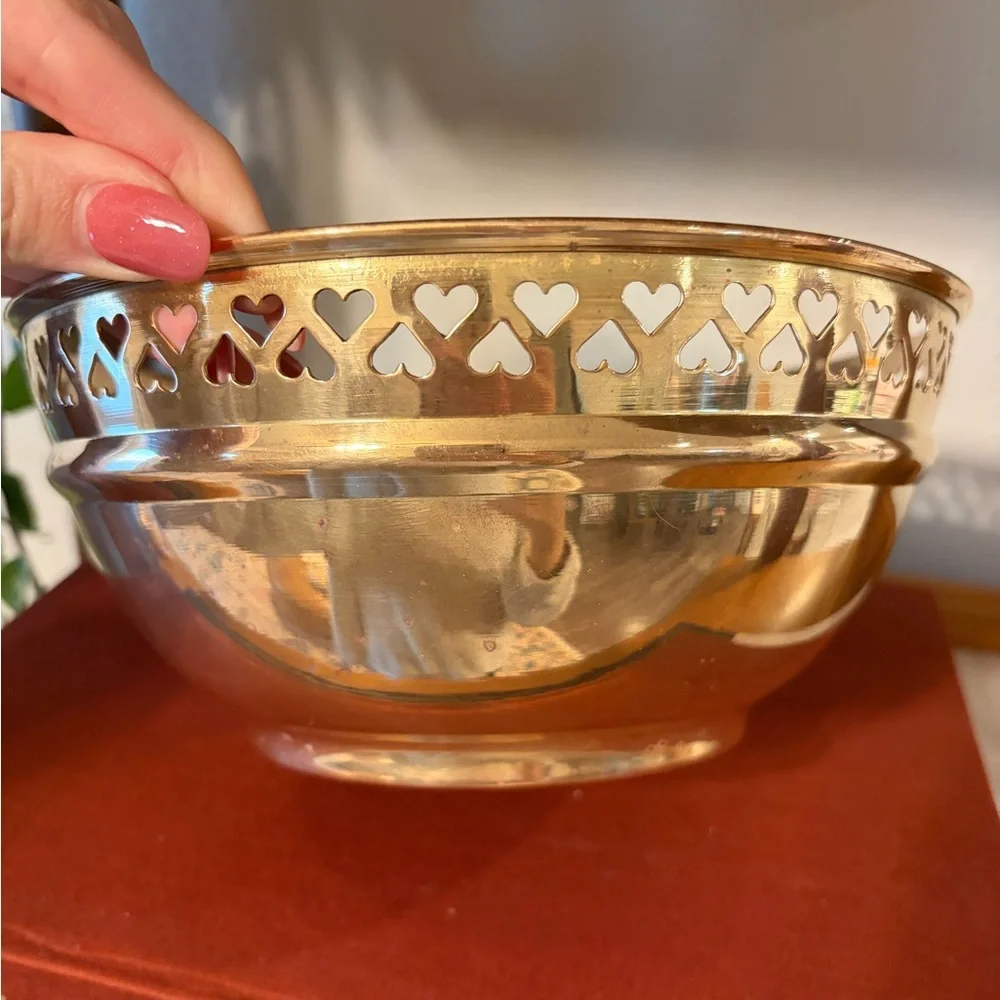 Vintage Brass Bowl Planter Pot with Heart Cutouts - Picture 6 of 10
